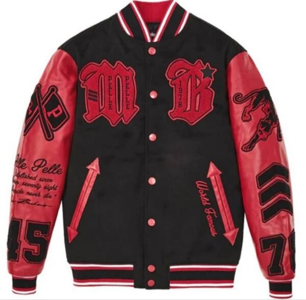 PellePelle Vintage Black & Red Leather Sleeve Varsity Jacket