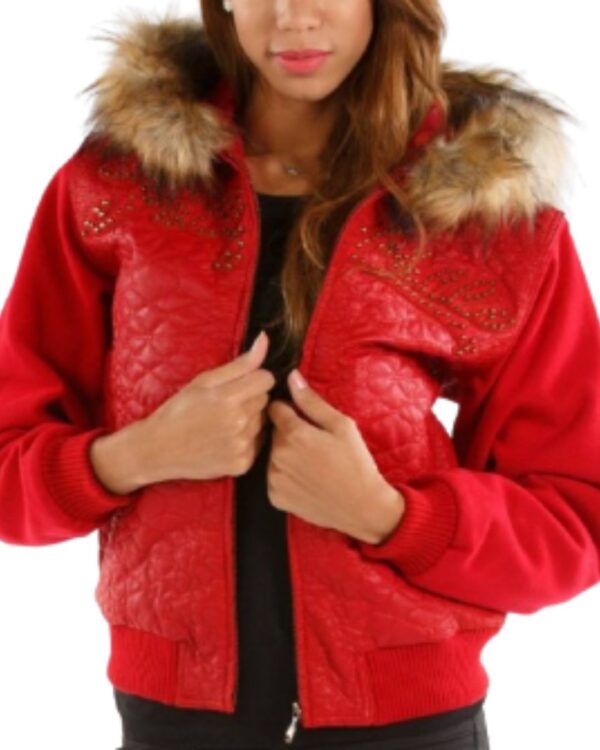 PellePelle Red Fur Hooded Women's Varsity Jacket