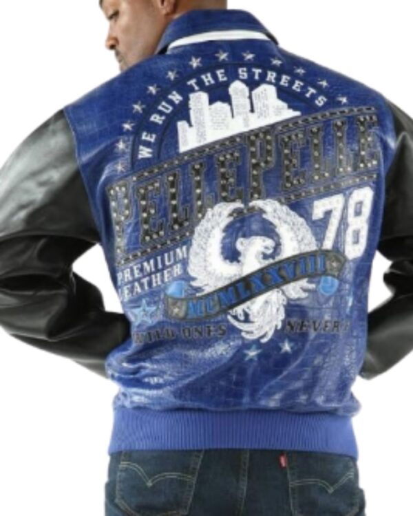 PellePelle "We Run The Streets" Blue and Black Bomber Jacket