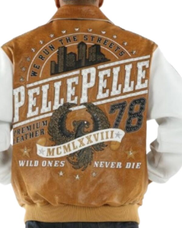 PellePelle "We Run The Streets" Tan and White Bomber Jacket